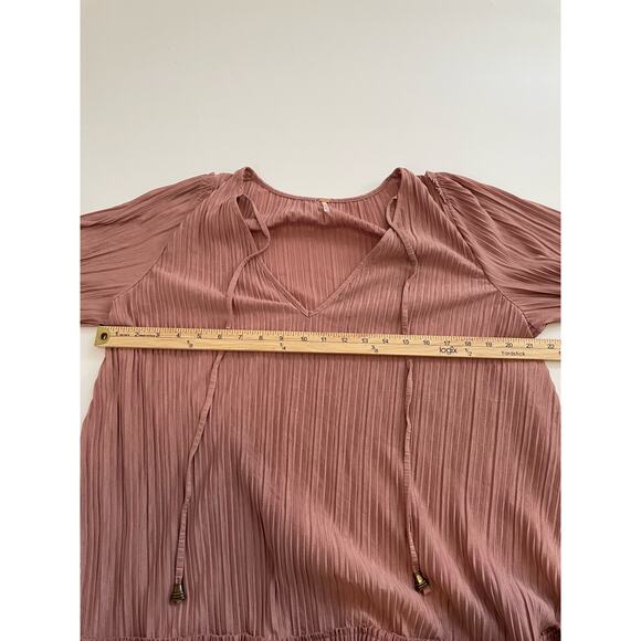 Free People Size S Can't Help It Mini Dress Pink V-Neck Tiered Skirt Bell Sleeve - Picture 6 of 8